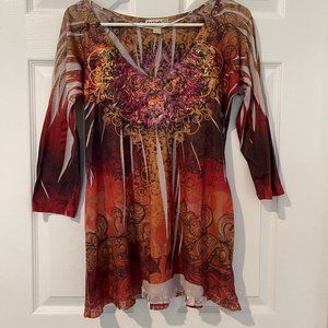 Energe by One World Pleated All Over Printed 3/4 Sleeve Top Fire Flames Sz L EUC